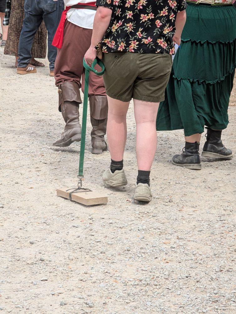 A person dragging a piece of wood around on a leash in a crowd at the Ohio Renaissance Festival.