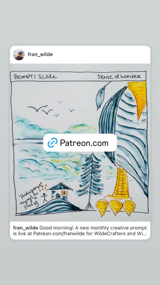 A pen and ink drawing containing a very large bird, a tree, a house, and a stick figure protagonist.