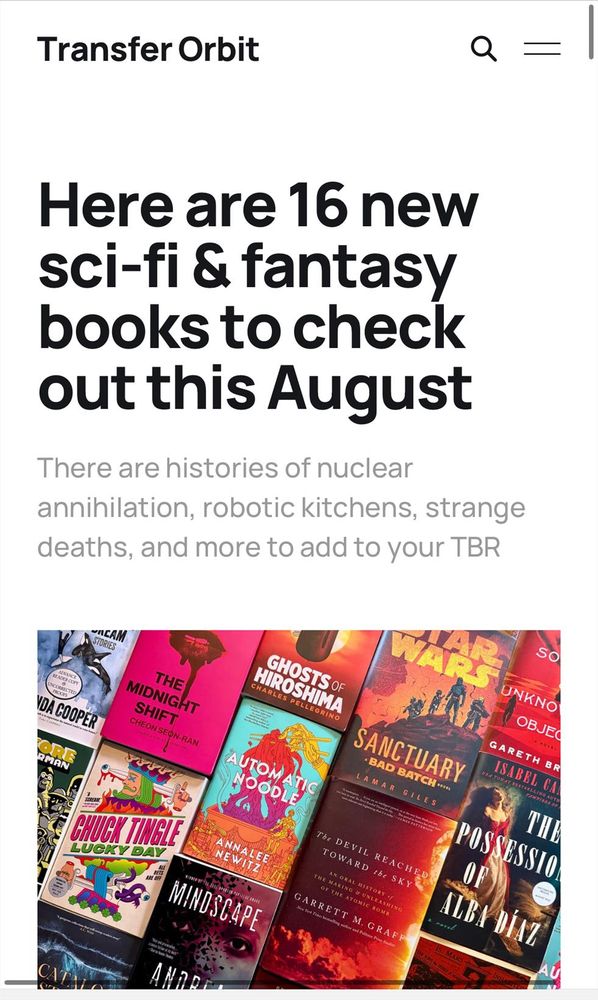 Transfer Orbit Lede: a grid of 16 SFF Books to read this month 