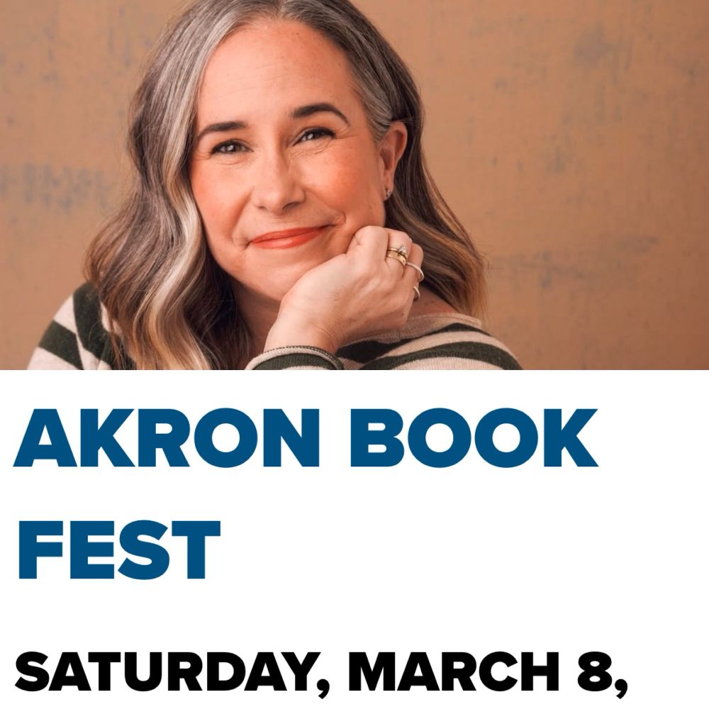 A long haired author with brown eyes smiles over an announcement for the Akron Book Fest on Saturday March 8