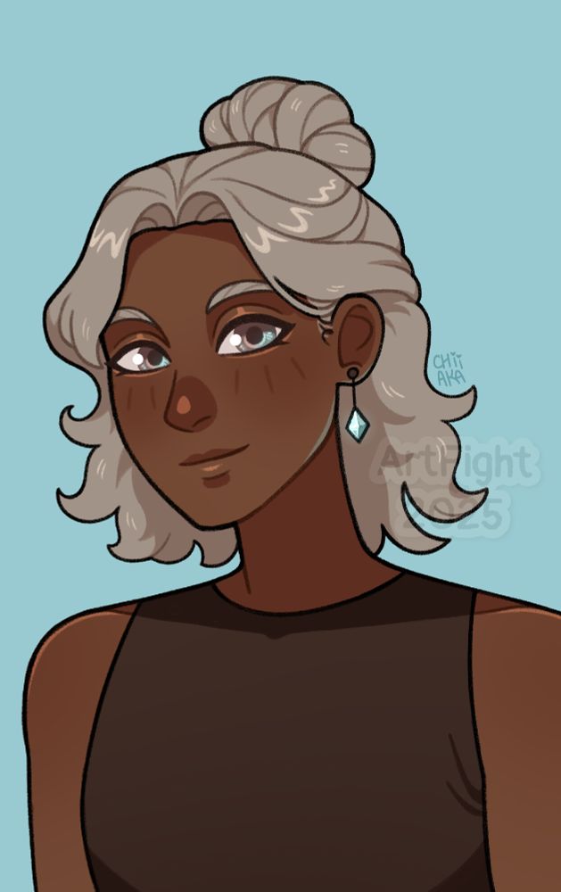 A portrait of a dark-skinned girl with platinum blonde hair. She has translucent eyes and a crystal earring in her left ear.
