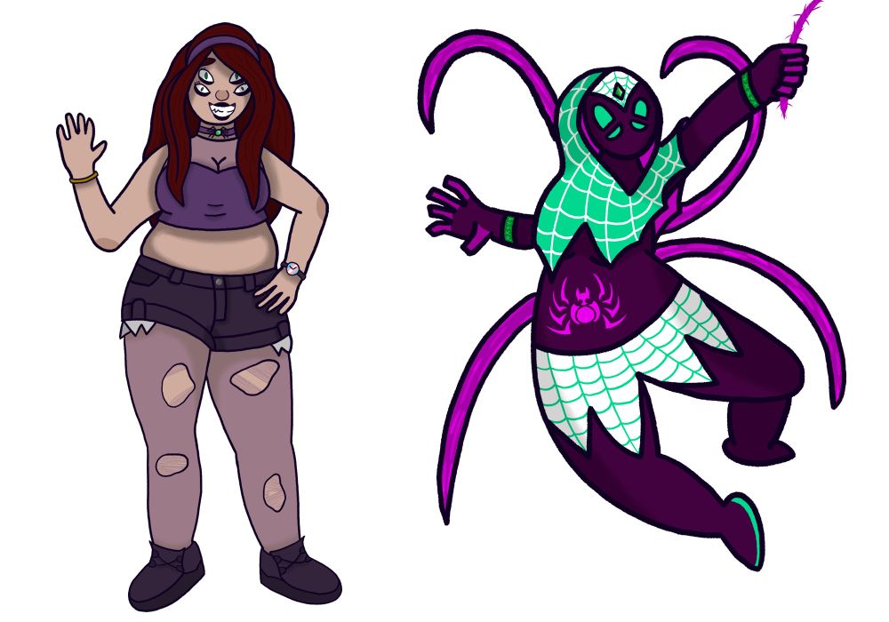 An in and out of suit versions of my Spidersona, Spidarcana.