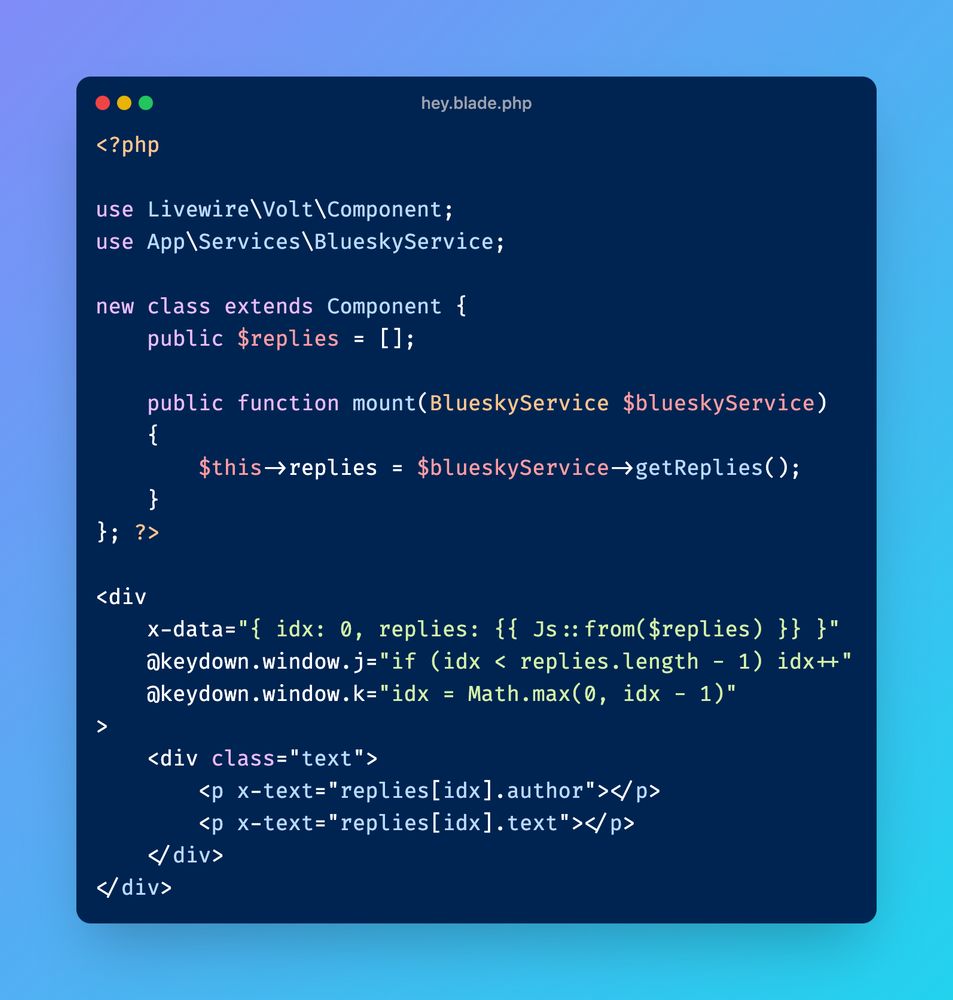 An example code snippet using Laravel's `Js::from` helper to stringify data in Livewire and send it down to the client for Alpine to iterate through.