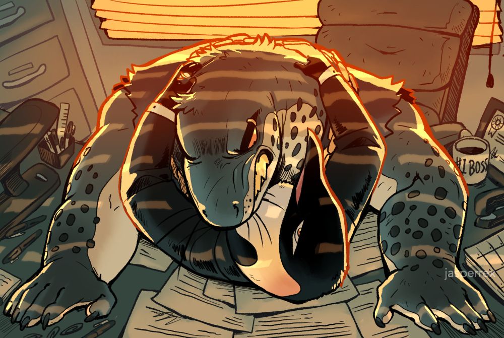 a drawing of an office with an anthro leopard seal pinning an anthro penguin to the desk