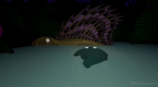 A young Diplocaulus encounters a scary Dimetrodon in the dark during a nocturnal river cruise