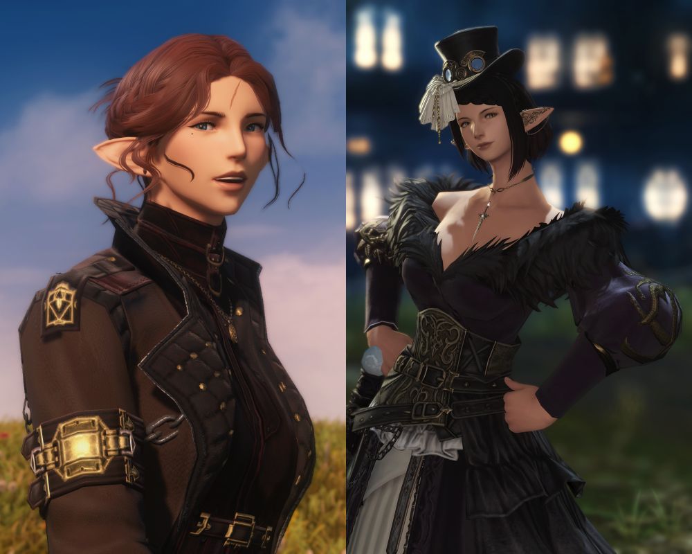Red-haired Elezen in a brown coat on the left - Noalle Gibrillont: my current main WoL, a half-Wildwood, half-Ishgardian. She hasn't been doing great mentally for years now, coping with an iceberg of unresolved trauma and the resulting clinical depression by overworking herself on top of her missions as the WoL. This year (after 7.0) Noa is finally somewhat motivated to try and clear her head and figure out something she's never had enough time nor self-love to consider - what kind of present and future she wants to build for herself. Noalle is mainly a mercenary and hunter, but her true passion is music and singing (which turns out to be connected to her Azem), at which she might be even more talented than at fighting. Personality-wise she's a soft-spoken, somewhat anxious woman, often dishonest about her state and feelings, almost unable to completely "open up" to anyone. However, Noa's always hell-bent on protecting her allies and loved ones; failing to do that - and witnessing their suffering - can completely break her down at times.

Brunette Elezen in a dark purple dress and a top hat on the right - Vivianne de Blanchard: Ishgardian noblewoman from a small, proud and mysterious House Blanchard, whose mother belonged to House Dzemael. Seems like everyone on her father's side, including the late lord himself and Vivianne, used to be physically frail and anemic, in exchange boasting high aptitude for magic. However, one day Vivianne felt a surge of energy, and later found out that her handling of aether has significantly worsened (thanks to WoL's shenanigans in a certain job's storyline). For those and other personal reasons Vivianne suddenly left Ishgard (after the events of patch 4.0 on Noalle's timeline) and traveled to Ul'dah, determined to relearn whatever's required to surpass her former self by her own means. She tends to be impatient and is usually somewhat mean with people, but is also very rational and often acts as a voice of reason.