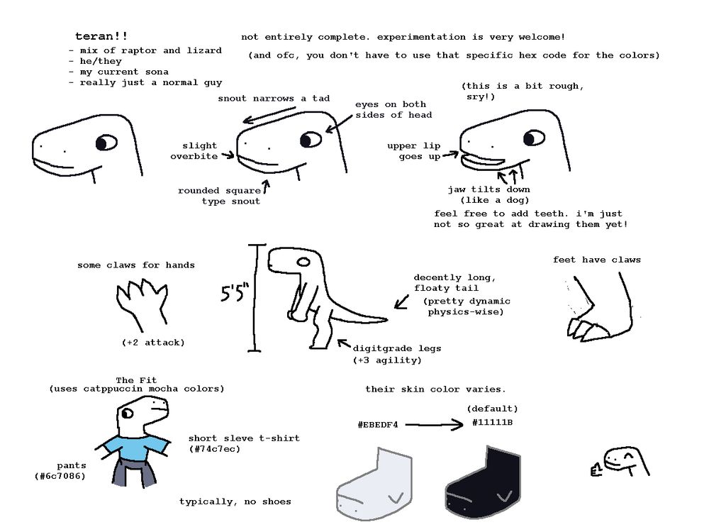 refrence sheet for the my current sona Teran.

they're a mix of raptor an lizard. their pronouns are he/they, and they're mostly just a normal guy.

the character isn't entirely complete. experimentation is very welcome!

their head is sorta like a stylized dino snout. it's mainly a rounded rectangle. the snout narrows a tad at the end, they have two eyes on both sides of the head, and they have a slight overbite.

when their mouth opens, their upper-lip goes up, and their jaw tilts down. kinda like a dog. the drawing dosen't show teeth, but feel free to add teeth! i'm just not so great at drawing teeth yet.

now their body. they're 5 feet 5 inches. they have a sorta raptor-like appearance. they stand on two legs, have mostly typical arms, and have digitgrade legs (+3 agility). they have a medium-long sized tail. the tail's floaty, and it's pretty dynamic physics-wise.

their hands and feet have claws on them (+2 attack).

their typical outfit uses catppuccin mocha colors. they have a blue short-sleeve T-shirt (#74c7ec) and gray pants (#6c7086). they typically don't wear any shoes.

their skin color varies between white (#ebedf4) and black (#11111b). black is usually the default skin tone.