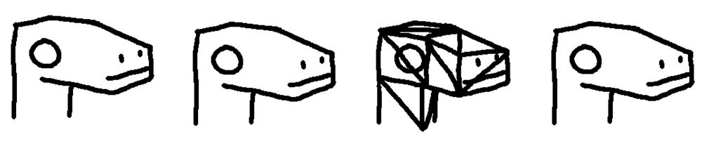 black on white drawing in mspaint. it's four square-ish raptor heads, all aligned horizontally. the third one is a wireframe.