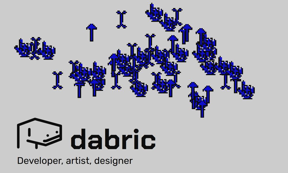screenshot of my website's homepage, cropped to be in the dimensions of a card. at the bottom it says "dabric: developer, artist, designer", along with a simple illustration of some anthro dino head. at the top a bunch of scattered blue and black cursors, with the pixels being corrupted.