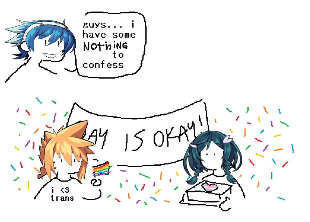 That new meme of character confessing something horrible and the cast gets scared while showing they were making a coming out party.
But it's Xiao from Gunvolt so he has nothing to confess