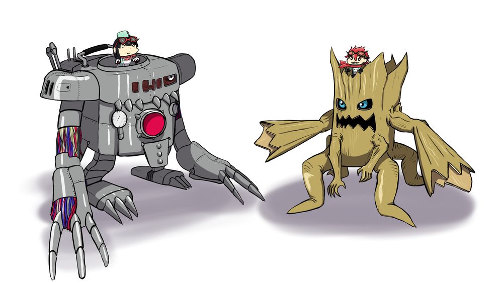 Chiby versions of Digimon time strangers' main girl and boy inside Mechanorimon and Woodmon respectively
Based on the last trailer where we get to see the characters using these digimon as mounts