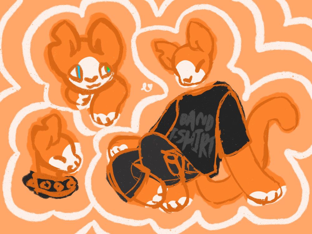 A page with three drawings of an orange cat with white patches. They are wearing a baggy black t-shirt that says "Band T-Shirt" and cargo pants in one drawing, and a black spiked collar in another. They have a notch in one of their ears. The background is orange with a pattern of connected loops around the drawings. 