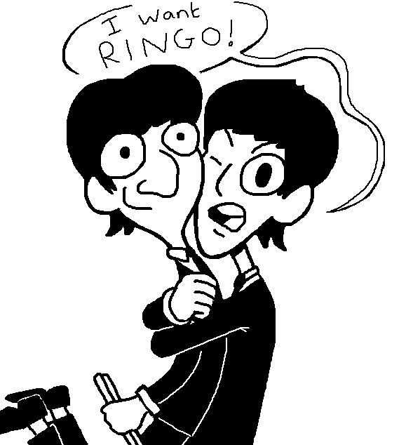 MS paint drawing of George Harrison hugging Ringo Starr tightly against him, staring defiantly at the viewer and saying "I want Ringo!" Ringo, holding a pair of drumsticks, is smiling absent-mindedly like he's just happy to be here.