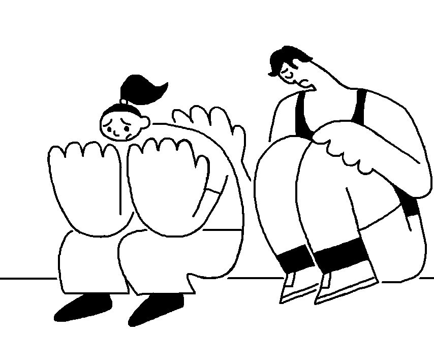 MS Paint drawing of a man and woman sitting next to each other, mimicking a Corporate Memphis art style. The woman looks sadly down from her tiny head to her massive hands. The man next to her bows his tiny head sadly as he pats her back with his massive hand.