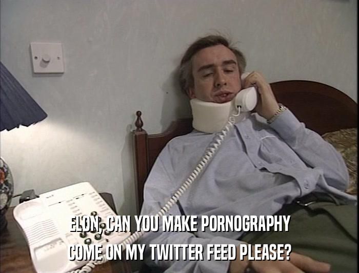 Alan Partridge screenshot - Alan lying on his bed wearing a neck brace, holding and speaking into a phone. 

Text: ELON, CAN YOU MAKE PORNOGRAPHY COME ON MY TWITTER FEED PLEASE?