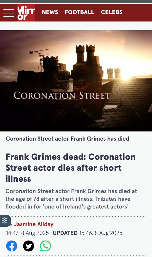 Mirror headline: “Frank Grimes dead: Coronation Street actor dies after short illness”