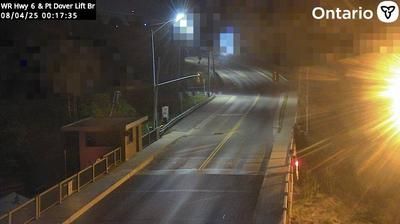 Traffic cam looking east of Highway 6 lift bridge over Black Creek. // Image captured at: 2025-08-04 04:35:14 UTC (about 19 min. prior to this post) // Current Temp in Port Dover: 62.52 F | 16.96 C // Precip: clear sky // Wind: NW at 7.046 mph | 11.34 kph // Humidity: 88%