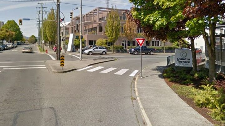 A right turn slip lane that used to exist at the intersection of Caledonia Avenue and Quadra Street in Victoria, BC.