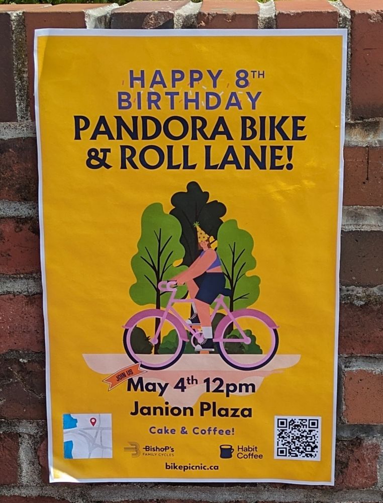 A poster announcing coffee and cake at the Janion Plaza in the City of Victoria to celebrate the 8th anniversary of the installation of a protected bike lane on Pandora Avenue.