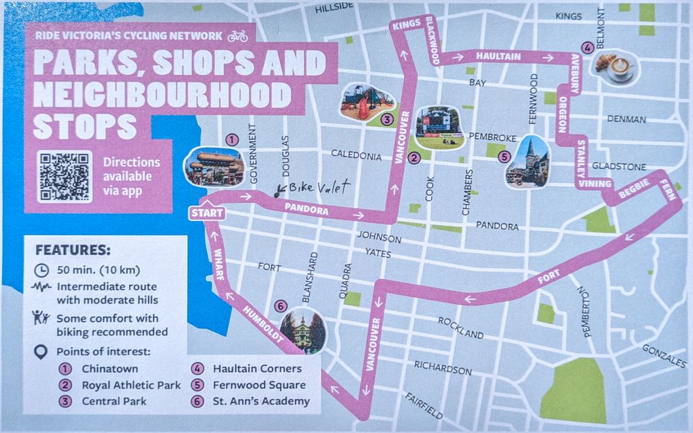A map showing a AAA bicycle route around downtown Victoria and surrounding neighbourhoods. This route includes protected bike lanes and bicycle boulevards.