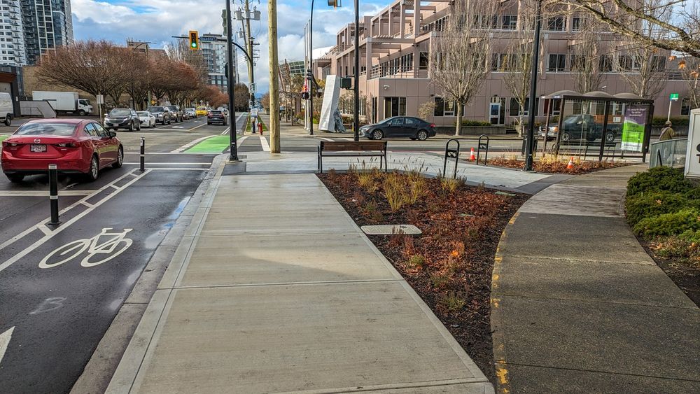 Another safety upgrade to Caledonia Avenue was the removal of an old slip-lane and replacing it with a public plaza that includes seating, bike racks and plantings.