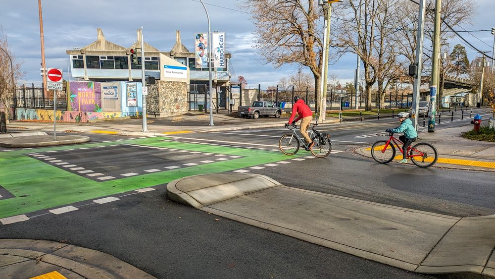A view of the connection with the Vancouver Street bicycle boulevard. Royal Athletic park is seen in the background.