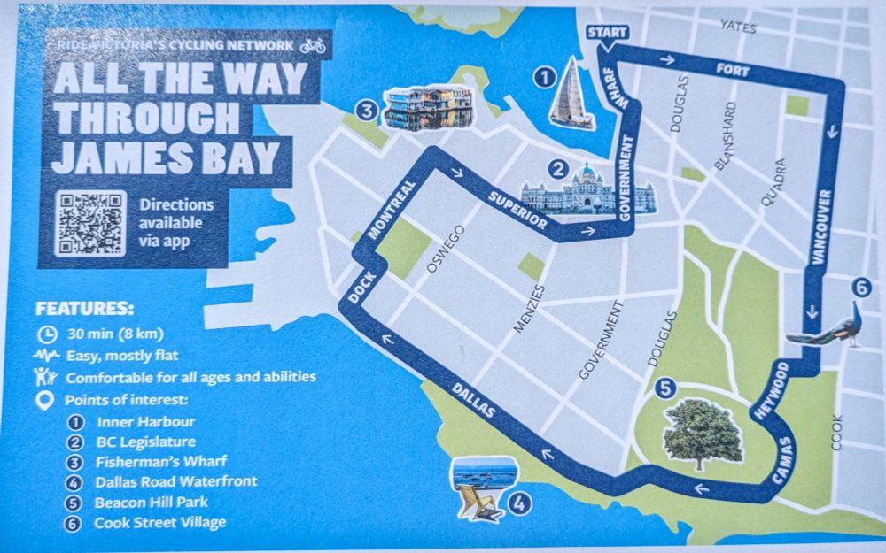 A map showing a AAA bicycle route around James Bay in Victoria, BC. This route includes protected bike lanes and bicycle boulevards.