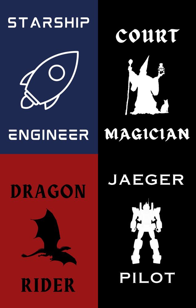 This image shows job badges for various SF&F jobs such as jaeger pilot, dragon rider,  and court magician.