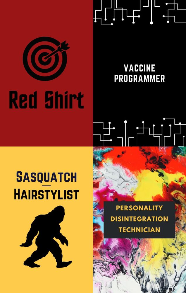 This image shows 4 designs for fictional SF&F jobs.