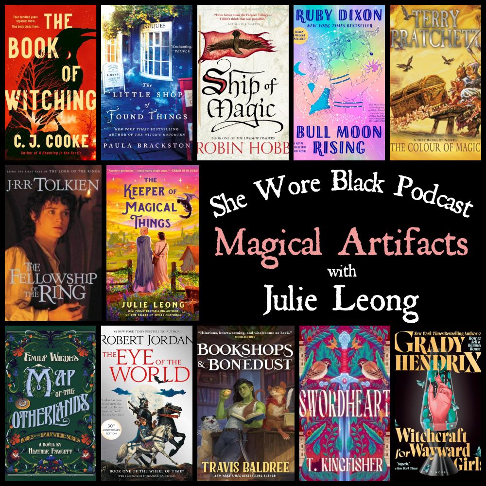 - The Wheel of Time series by Robert Jordan
- Swordheart by T. Kingfisher
- The Colour of Magic by Terry Pratchett
- Emily Wilde’s Map of the Otherlands by Heather Fawcett
- The Liveship Traders trilogy by Robin Hobb
- The Book of Witching by C.J. Cooke
- Bookshops and Bonedust by Travis Baldree
- Royal Artifacts series (Bull Moon Rising and By the Horns) by Ruby Dixon
- Little Shop of Found Things by Paula Brackston
- Witchcraft for Wayward Girls by Grady Hendrix