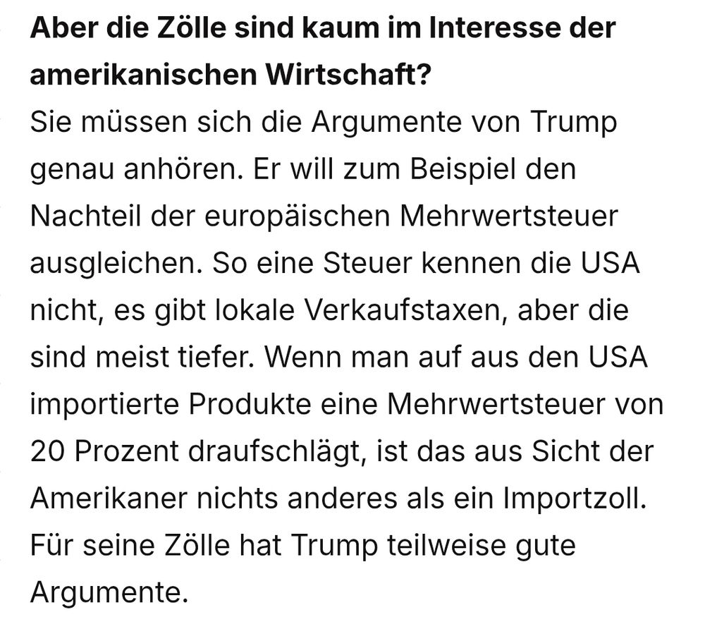 Oskar Grübel behauptet in Interview, dass die europäische Mehrwertsteuer in den USA als Importzoll wahrgenommen werden kann.