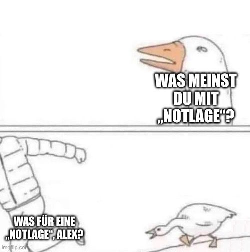 Das „Goose Chase“ Meme angewendet auf Dobrindt:

„Was meinst du mit ‚Notlage‘? Was für eine ‚Notlage‘, Alex?“