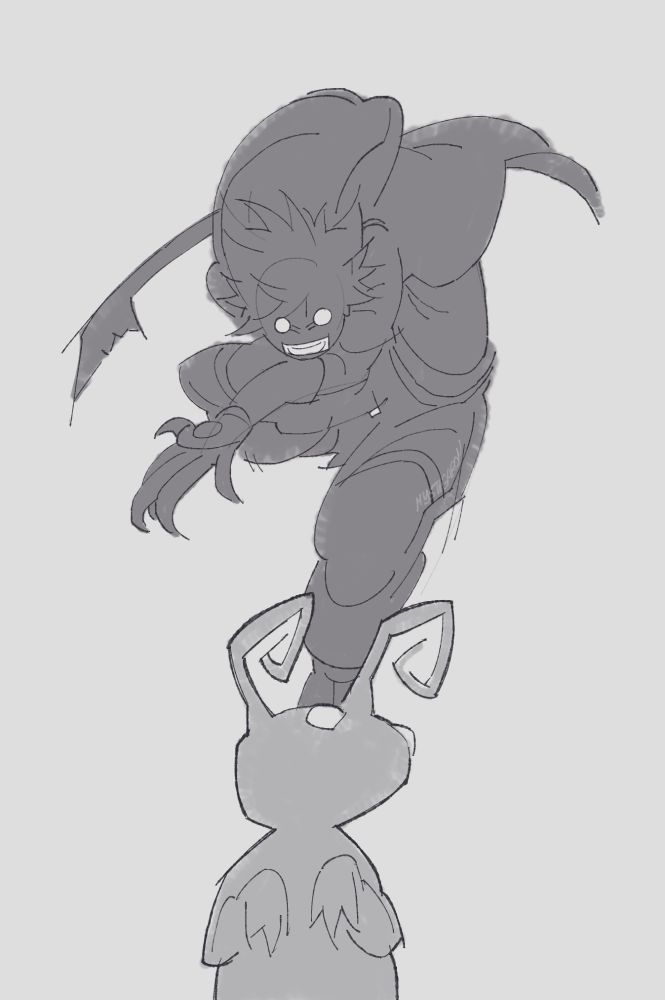 a digital illustration depicting a scene of rage form sora mid-pounce, claws on full display and keyblade poised to strike behind him, about to descend upon a heartless shadow. the point of view is from below the heartless, with it looking around cluelessly, and sora rising up into the air behind it ominously.