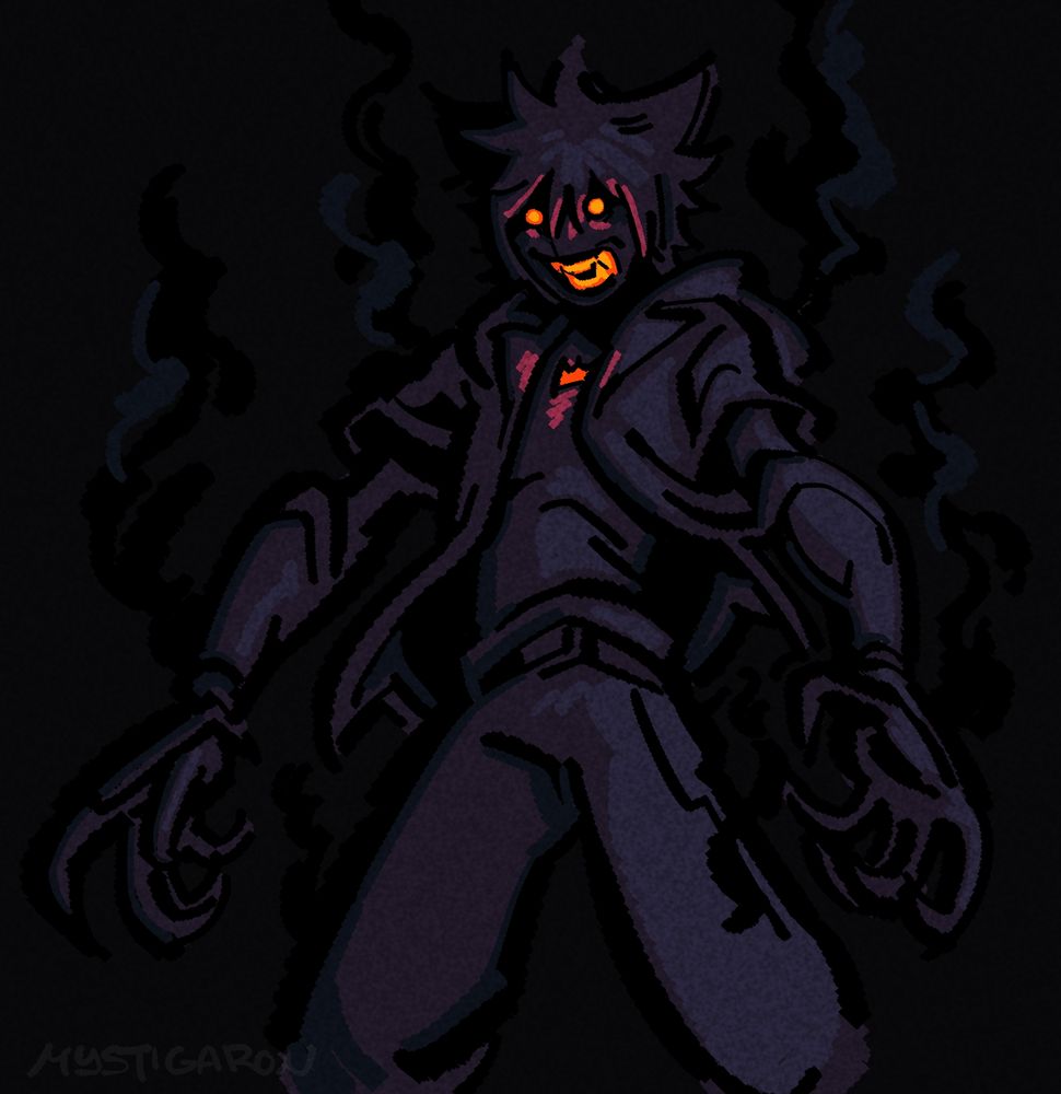 a digital illustration of sora's rage form, shadowy and imposing, over a dark, almost-black background. what lineart that is visible is thick and blotchy, with it utilising sweeping, curved strokes. there is minimal shading done with the same brush, but a faint glow can be seen being emitted from sora's eyes and bared teeth, all glowing a burning red.