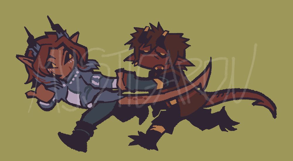a digital illustration of the clients' two tiefling characters as chibis. one is excitedly pulling the other along by the arm, the other looking somewhat irritated at this but obliging and coming along anyway.