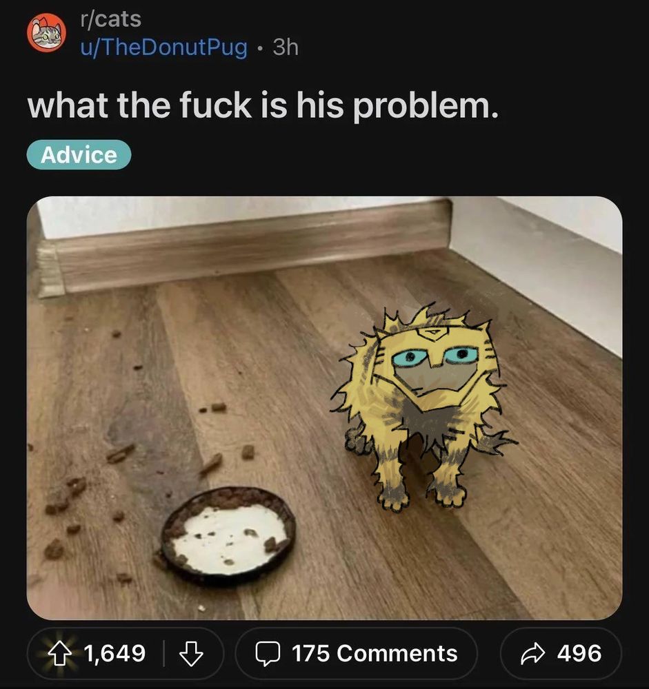 a digital illustration of bumblebee kitty over a reddit post titled "what the fuck is his problem." depicting the messy aftermath of a small kitten having tried to eat food out of a jar lid on the floor.