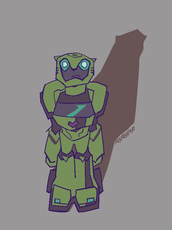 another digital drawing of tfa bumblebee, looking very diminutive and small as he looks up wide-eyed at something off canvas. his colour palettes is made up of mostly greens and faded pinks, done so to resemble his regular colour palette as though it were put under bright blue lighting. a long shadow is cast behind him.