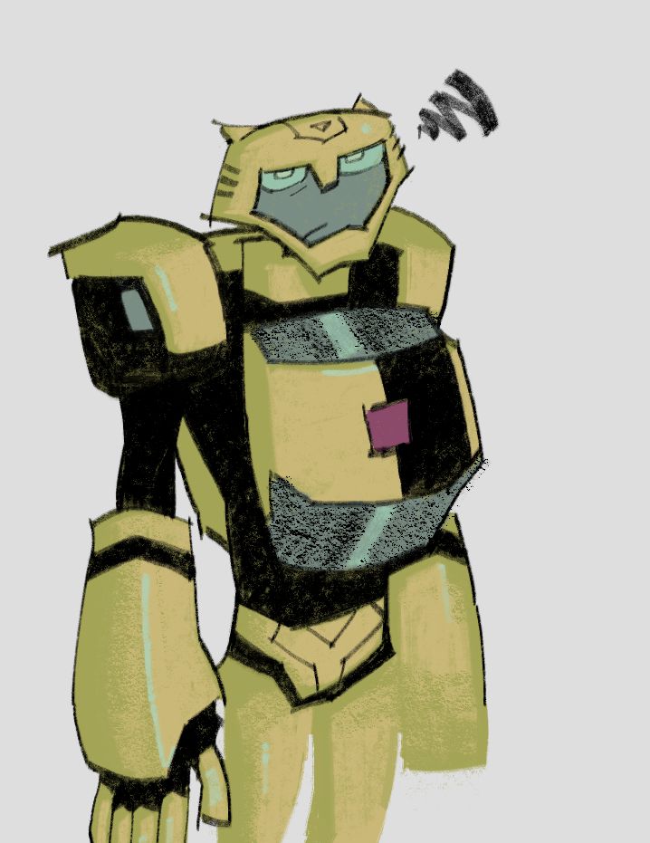 a digital illustration of tfa bumblebee. he is standing with his head tilted slightly to the side, looking unamused.