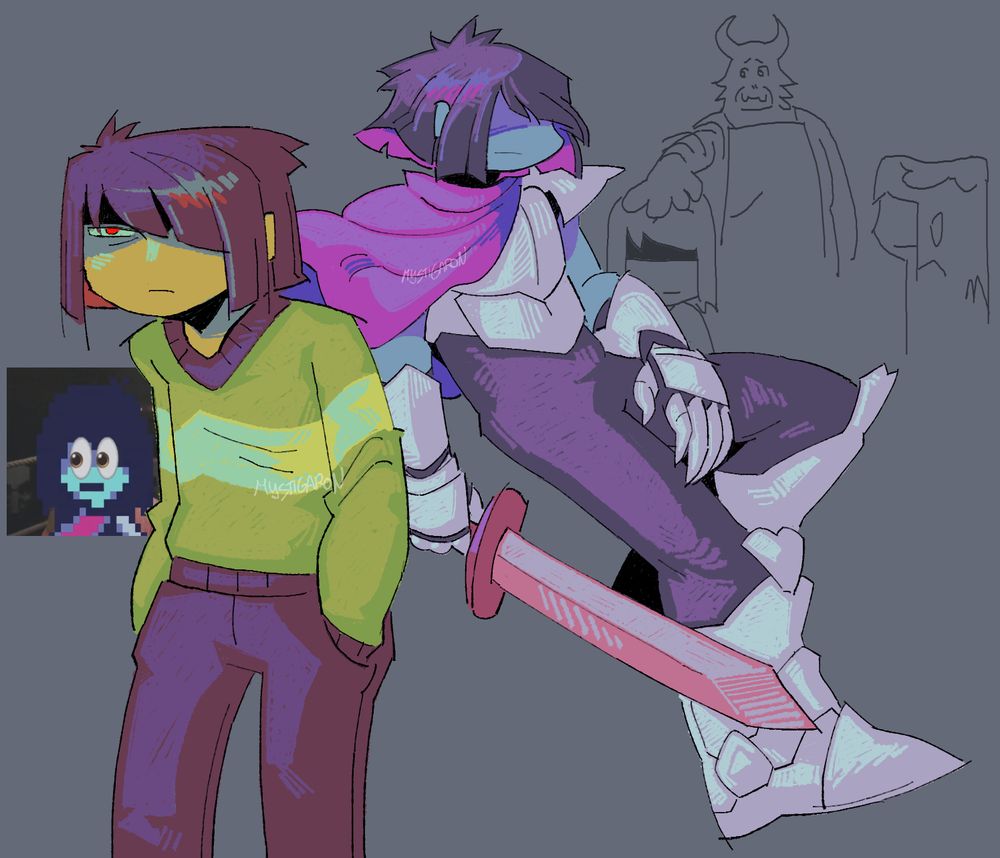 two coloured digital illustrations of kris from deltarune. the leftmost drawing shows them in their real world attire, one of their red eyes peering out from under their bangs, hands in their pockets. the rightmost drawing shows them in their dark world armour wielding their sword, their free hand resting across their left leg.