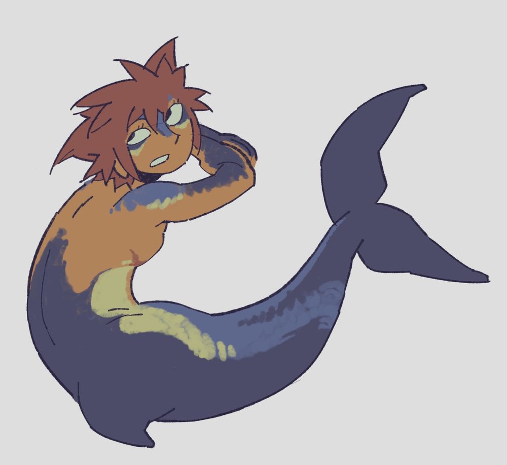 a digital illustration of merman sora again. this time, his design is far more detailed and he bears dark-blue and pale yellow markings, similar to those of the common dolphin. the markings are most notably present under his eyes, on the bridge of his nose, further up along his back and over the top sides of his arms. he is posed like he is resting against something, head resting on his hands and tail curled next to him.