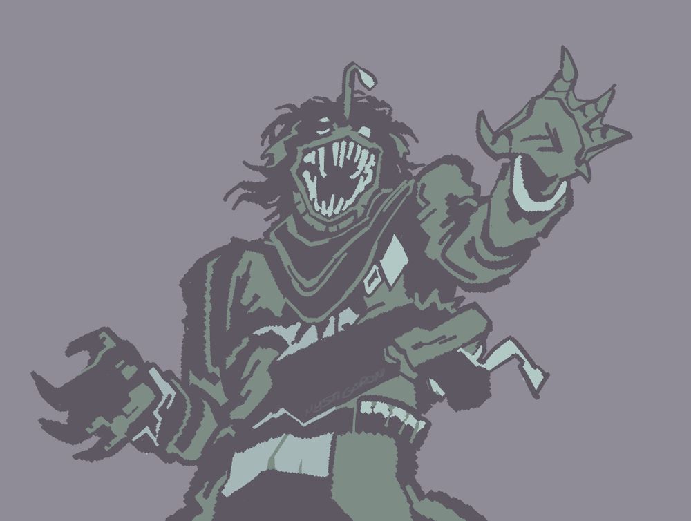 a drawing of sebastian solace utilizing only three colors - green, greyish-brown and a pale blueish-green. he appears enraged by something and has two of his arms raised, while his extra third arm that has had its design altered to resemble a mantis shrimp forelimb pulls his shotgun from his trenchcoat.