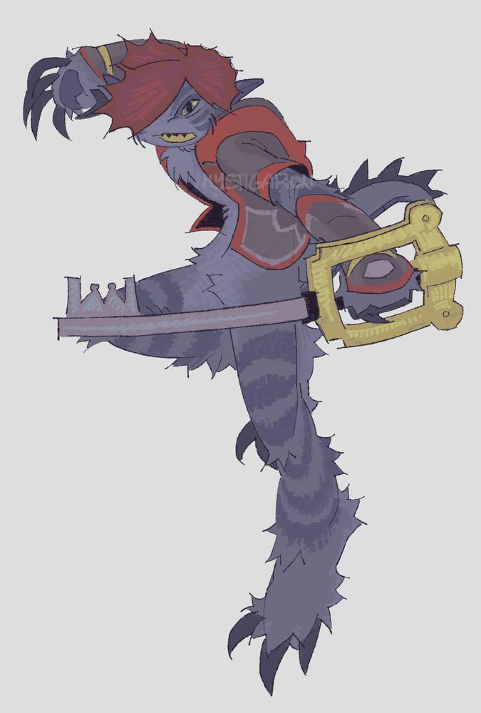 a digital illustration of sora's monstropolis design from kh3, although slightly altered in some places to look more monster-y. he is wielding his keyblade and striking an action-ready pose. most notably, his fingers have been replaced with long bear-like claws, and the spines along his tail have a far more noticeable silhouette to them.