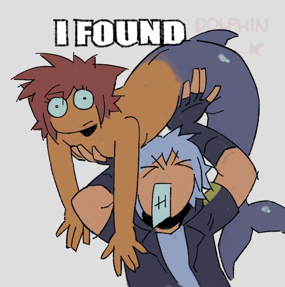 a digital doodle of sora and riku from kingdom hearts. sora is a merman like how he appears in atlantica and riku is holding him over his head with both hands, appearing to be struggling to do so a little bit. sora's expression is vacant and he seems to be staring off into space, dangling over riku. impact font text has been drawn next to them reading "I FOUND" in reference to the image of a person holding a large fish over their head.
