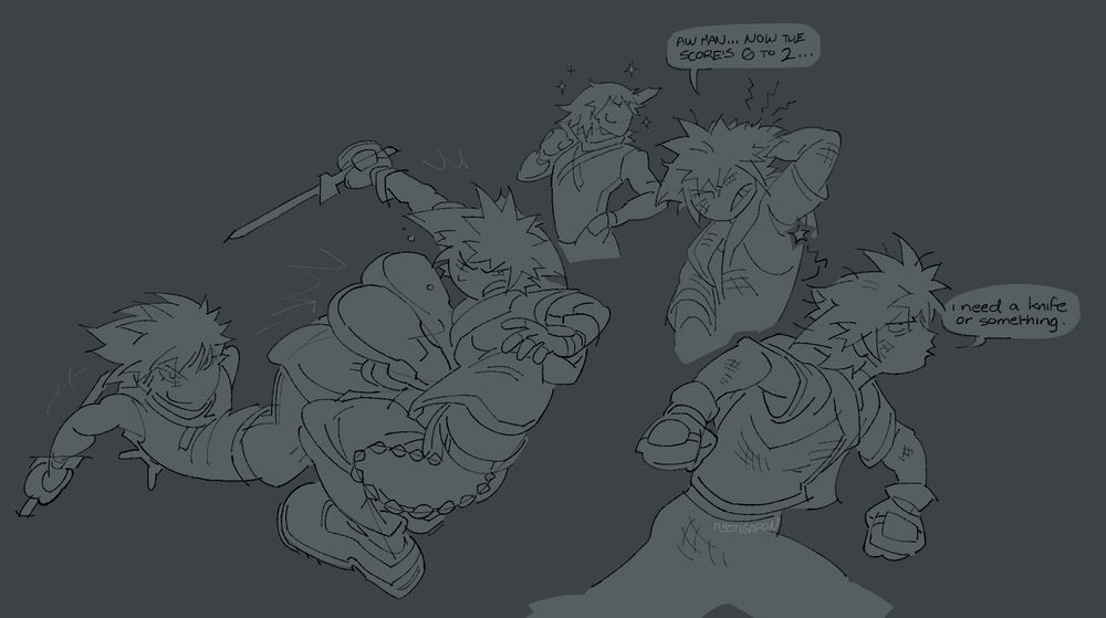 a digital illustration of the fight between sora and riku on kh1's destiny islands. in the first drawing, riku is jumping back up from being knocked to the floor feet-first, kicking sora square chest, landing the final hit.
in the next drawing, sora is rubbing the back of his head, looking a bit scruffy and beat up from their playfight, saying, "aw man... now the score's 0 to 2..."
in the final image, sora is storming off in a huff, uttering ominously, "i need a knife or something." this is in reference to something scorpy said unexpectedly after being beaten by riku during his playthrough.