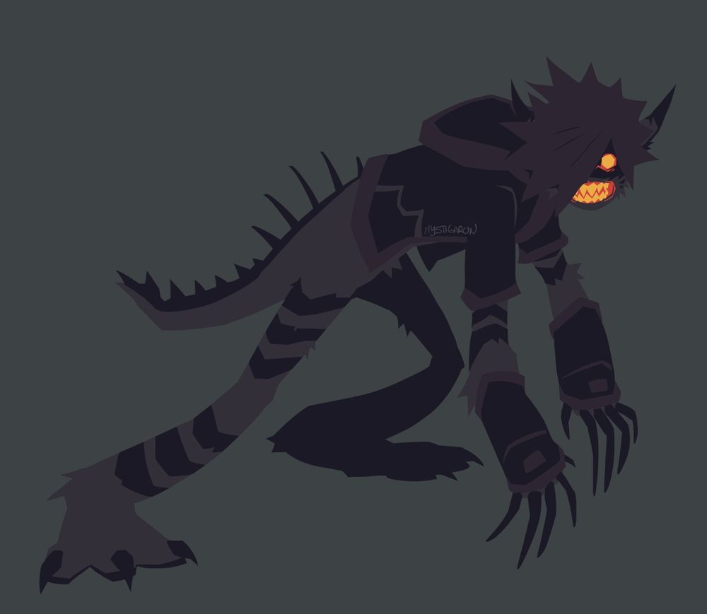 a lasso tool drawing of monstropolis sora in rage form. his entire body is cloaked in shadow, his eyes and bared teeth glowing a burning red. his design has been slightly altered so that the spines on his tail travel further up his back, becoming thinner and longer as they do so, and his fingers are instead entirely long black claws coming out of a pair of furry mitts. 