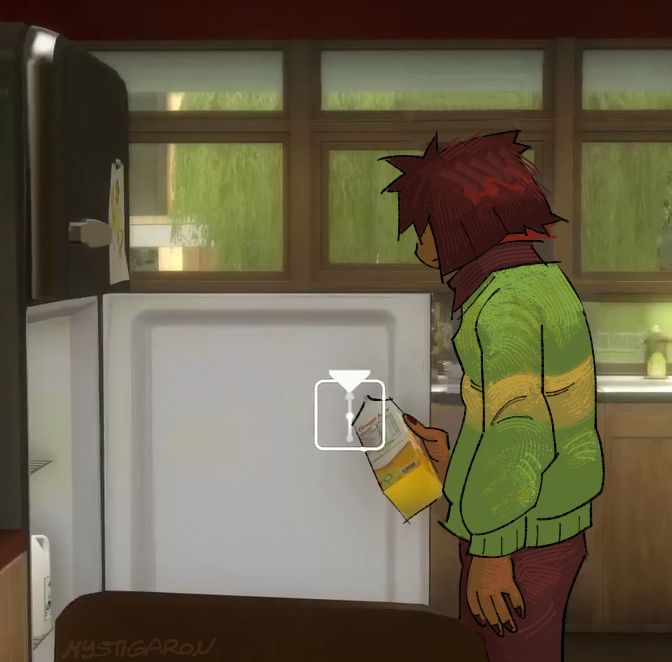 a digital illustration of kris painted over a scene from heavy rain, wherein one of the protagonists, ethan mars, is preparing himself some orange juice to drink. a button prompt is on screen to get the player to move the joystick to make the character take the juice carton out of the fridge.