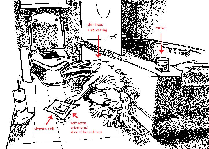 a gritty, black and white ms paint drawing of a scene in my bathroom that unfolded this morning, where after a sleepless night i got up and immediately felt so ill i had to get a slice of unbuttered brown bread and a cup of water and bring them up to the toilet with me to eat while lying on the floor, shirtless and shivering. my sona, odie, is hunched over on the floor in my place, reaching for the toilet bowl, other hand on the kitchen roll the bread slice is on.