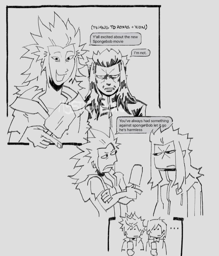 a digital illustration of a short comic featuring the sea salt trio and isa.
in the first panel, lea is holding a sea salt ice cream in his hand and pointing it towards an out of frame roxas and xion, saying "y'all excited about the new spongebob movie". isa stands ominously behind him, cast in shadow and scowling deeply, saying "I'm not."
in the second panel, lea, annoyed, has turned to isa and is saying "You've always had something against sponge Bob let it go he's harmless". isa's scowl remains.
the final panel shows roxas and xion, both looking a bit taken aback holding their ice creams and are drawn with little :| faces.