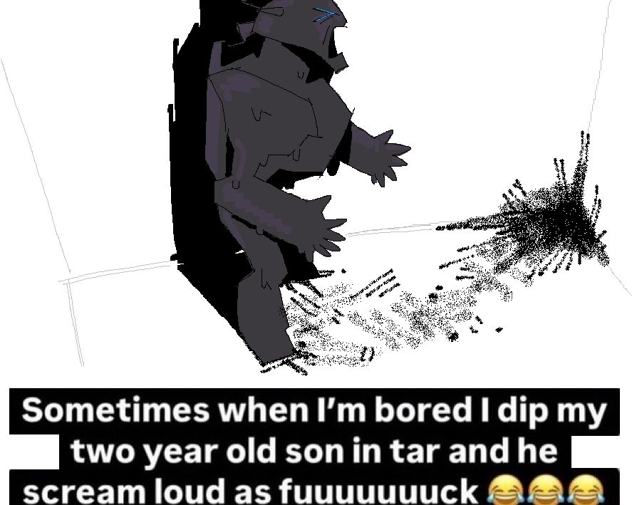 an ms paint drawing of tfa bumblebee covered in tar. a caption on the bottom, simply just copy-pasted in from the original image without any editing, reads "sometimes when I'm bored dip my two year old son in tar and he scream loud as fuuuuuuuck 😂😂😂"
