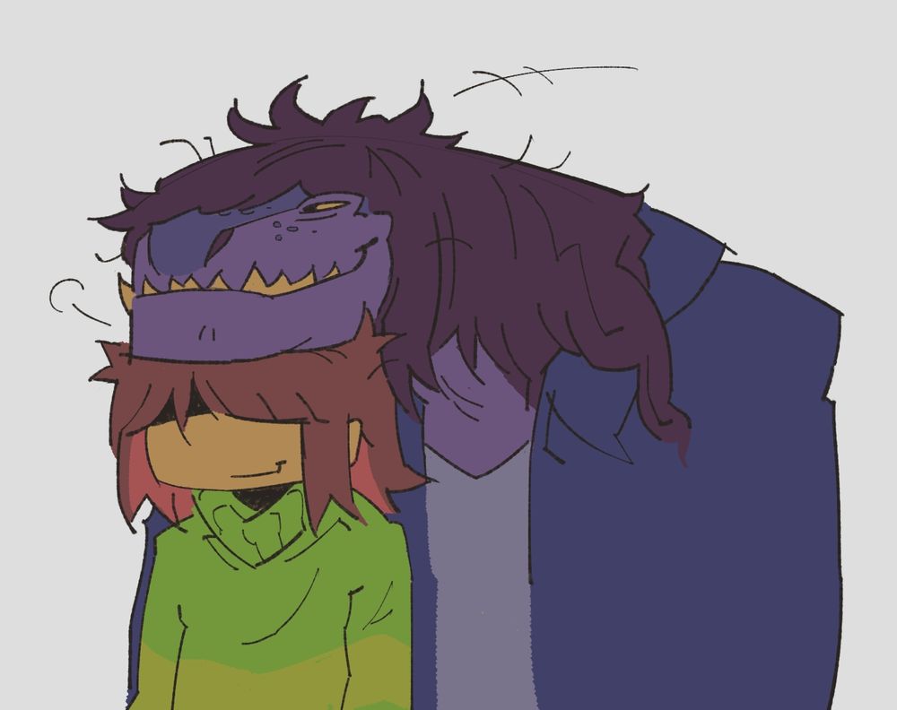 a digital illustration of both kris and susie from deltarune. susie is standing behind kris and has leaned forward, gently resting her chin on top of their head, smiling cheekily. kris is cool with this and is also smiling.